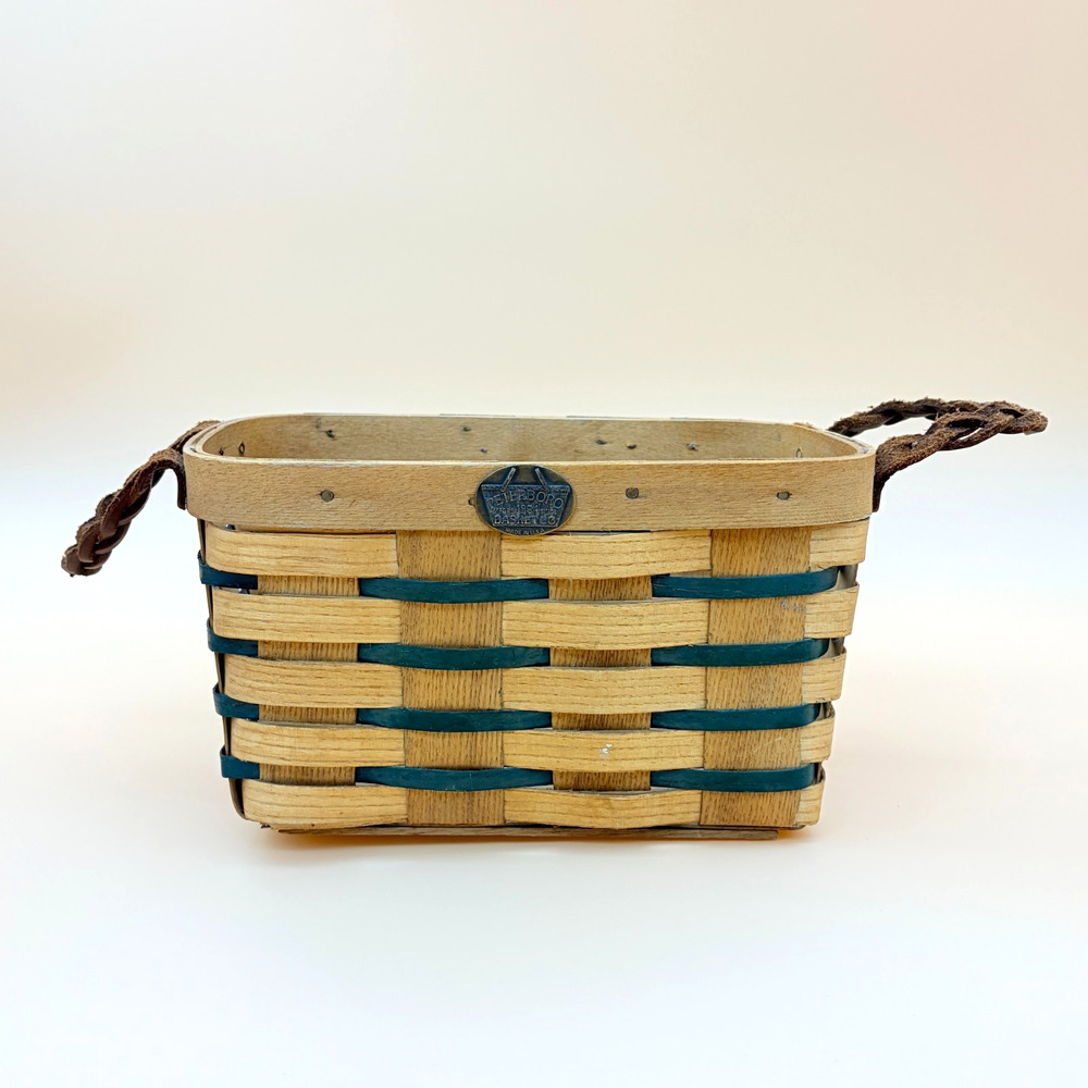 Peterboro Basket Co Woven Wood Basket Leather Handles Green Accent Vintage USA
